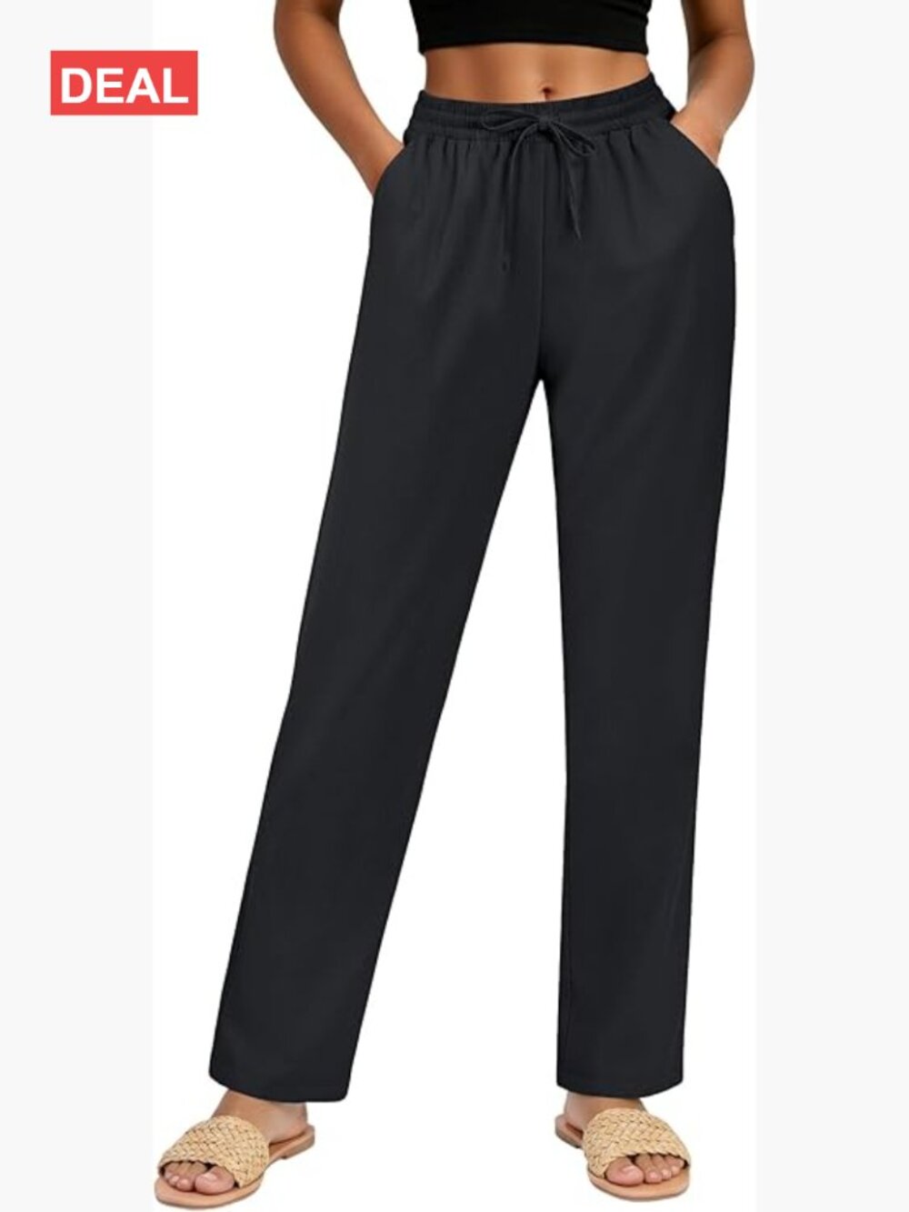 High Waist Linen Blend Straight Leg Pants with Pockets